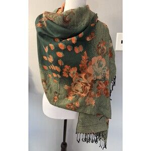 Pashmina 100% Cashmere Scarf Shawl Wrap Green Floral Reversible Black Fringe NWT